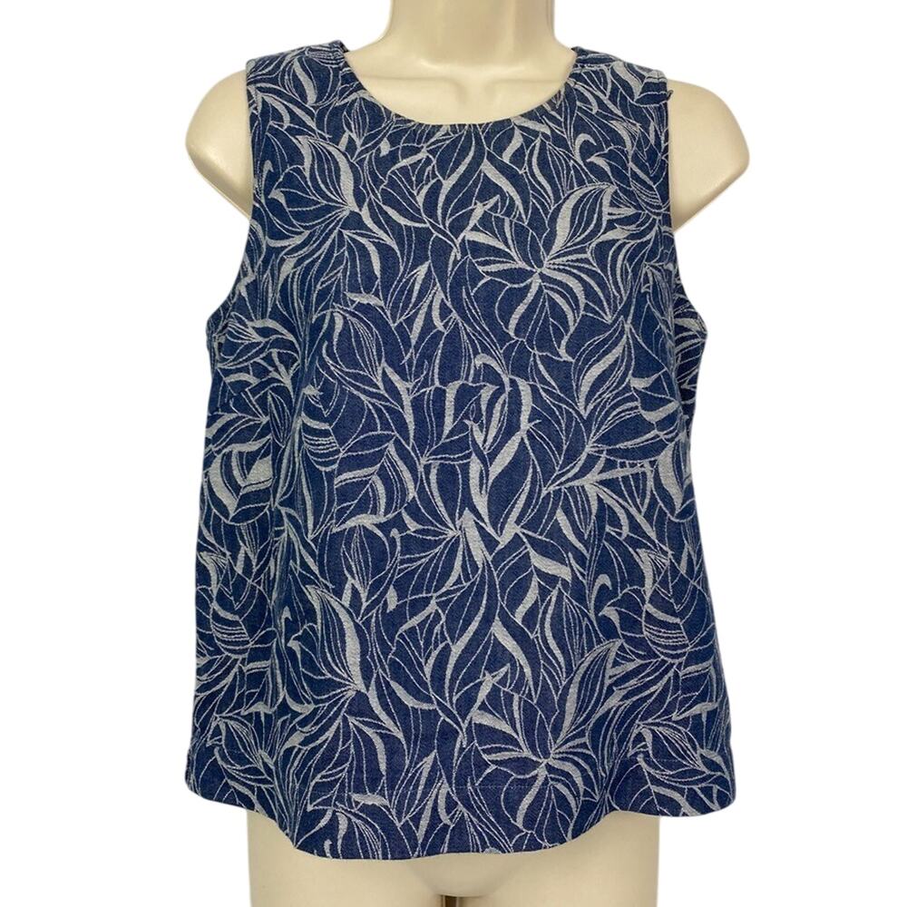 J McLaughlin Sylvie Top Womens XS Blue Chambray Leaf‎ Print Sleeveless Casual